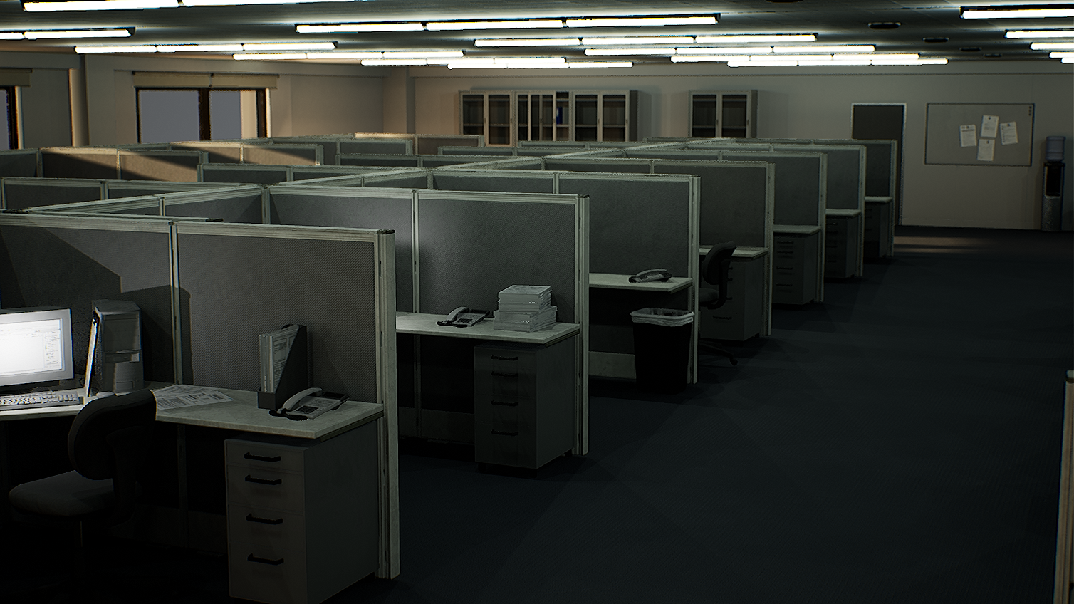 Cubicles within a mundane office setup. Virtual production made this setup easy and budget-friendly.